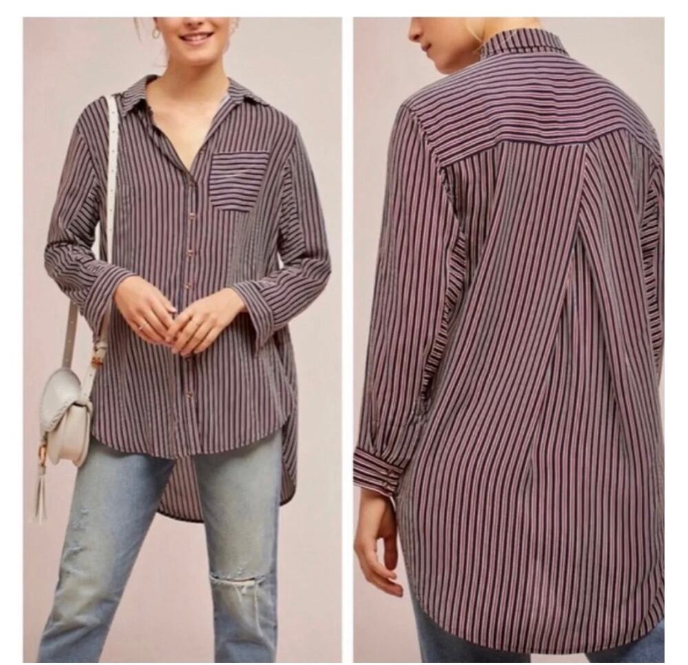Maeve Anthropologie Striped Button Down Tunic Shirt Navy Burgundy White XS
